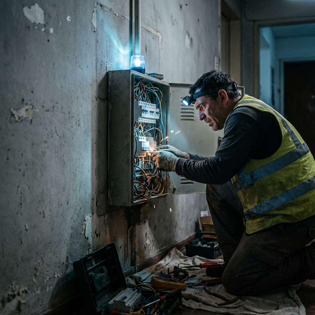 Electricista de urgencia trabajando en tablero eléctrico en CABA y Zona Sur